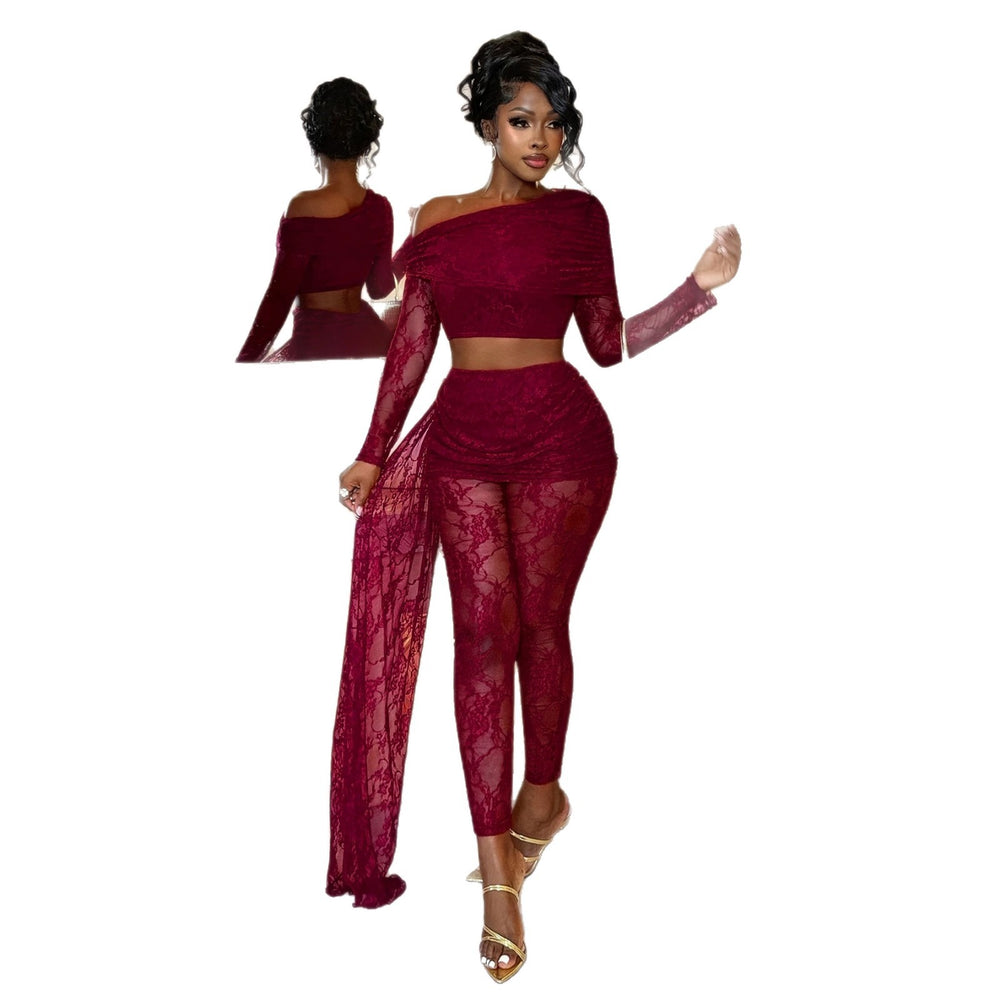 Sexylace oblique shoulder navel-baring tops high waist pleated streamer tights nightclub party sexysuit cross-border