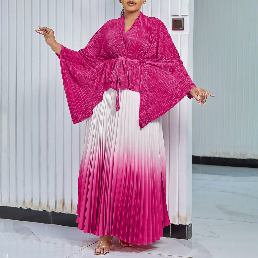 Q120 new  fashion pleated minimalist solid color top and gradient flared skirt two-piece set