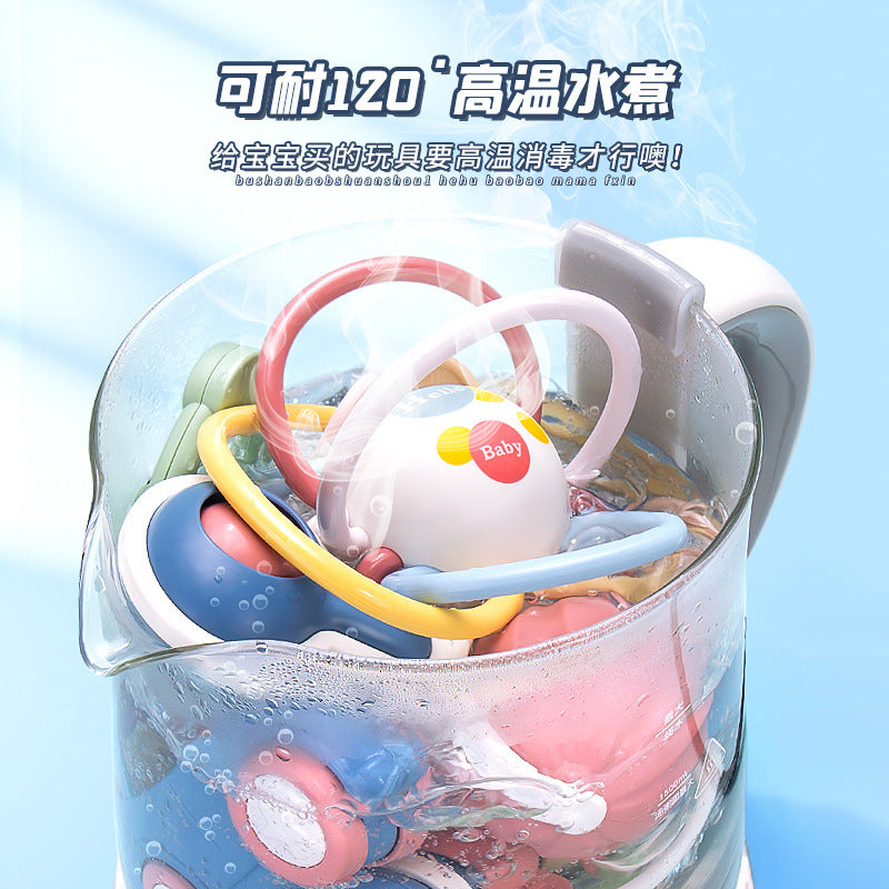 Infant rattle toy, boilable educational teether, chewable newborn baby hand rattle with storage box for infants and children