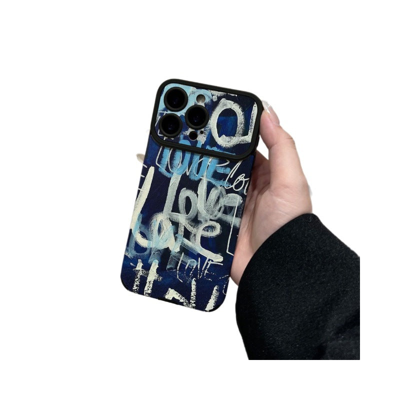 Niche art graffiti mobile phone case suitable for iphone16 anti-fall apple 17promax blue background and white lettering soft case