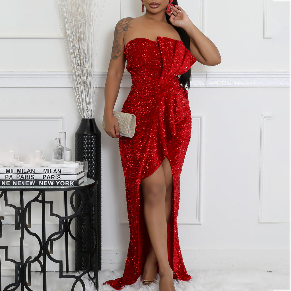 C8651 new arrival: european and american style  chic off-the-shoulder sexy slim-fit long sleeve sequin maxi dress