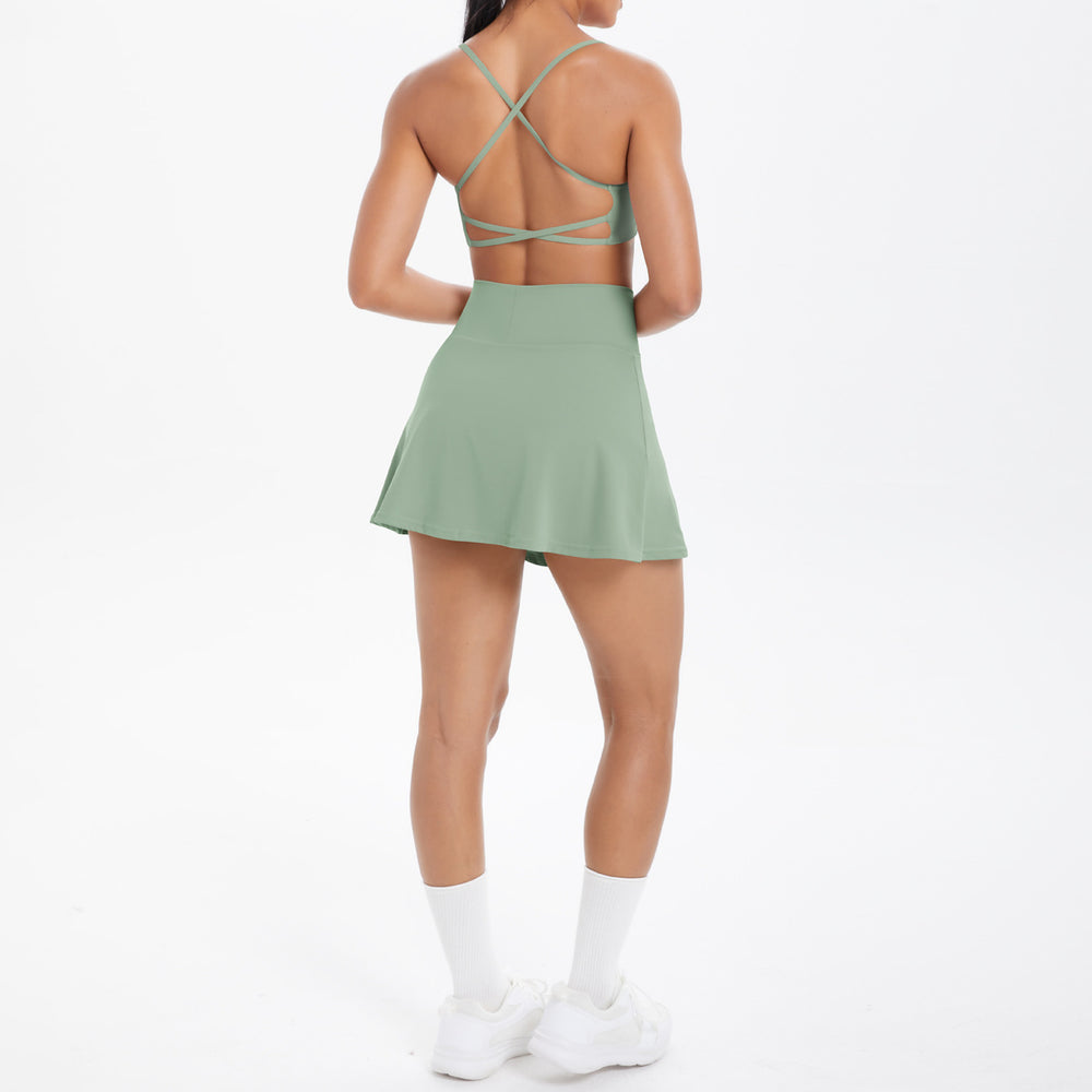 Cloud-feel casual high-waisted tennis skirt sexy strappy back yoga set quick-dry running fitness outfit