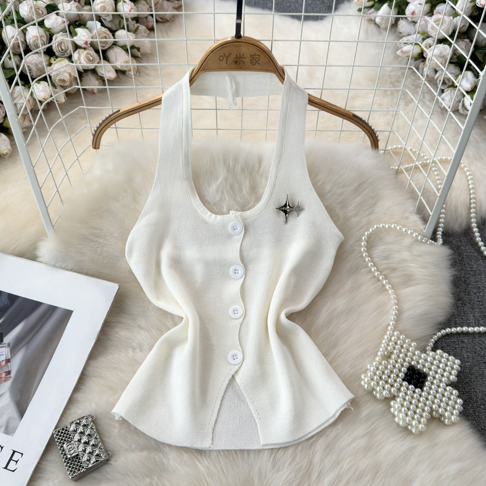 Fashionsense halterbackless single breasted silmslimming lookknitting vest women's outwear western style bottom shirt tops