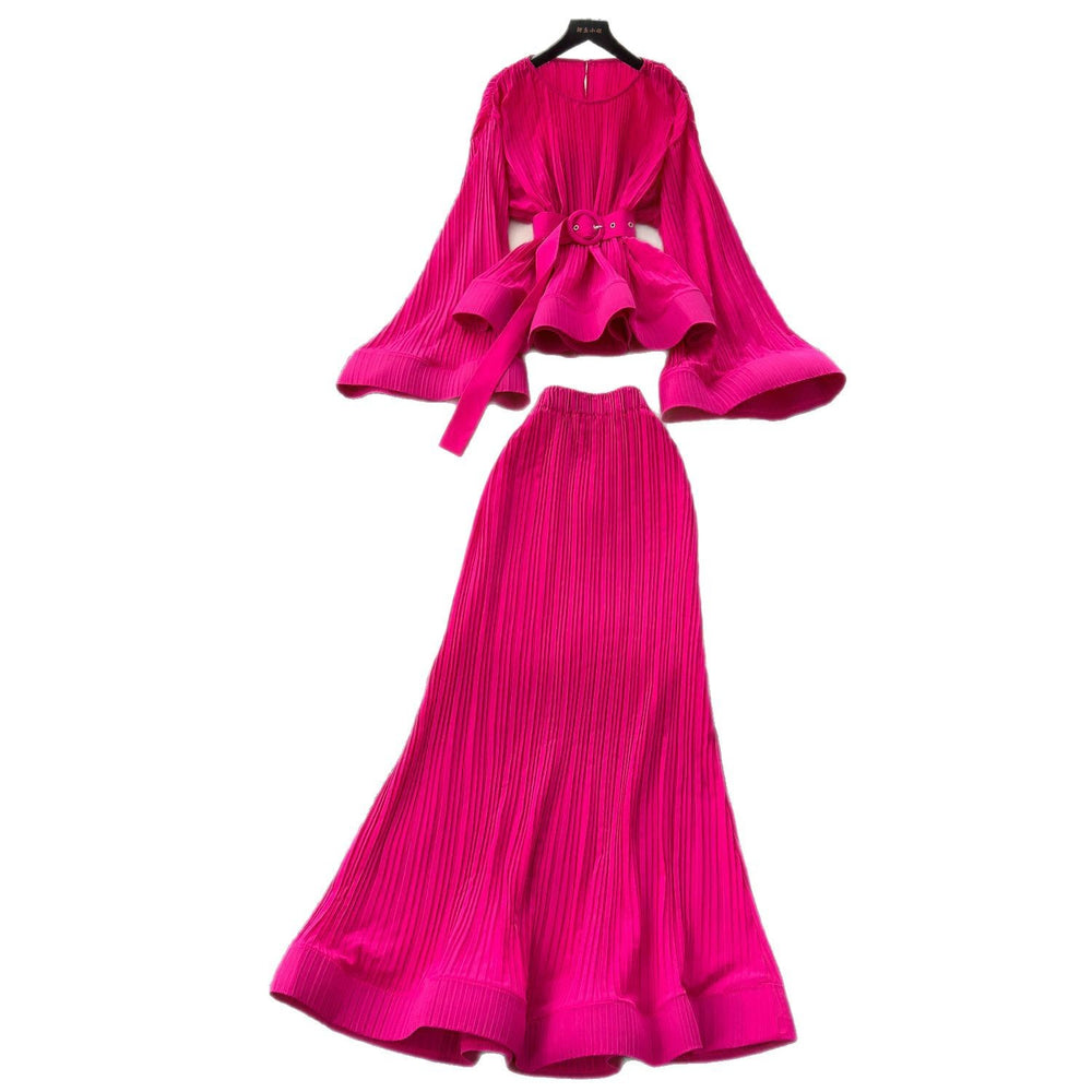 European and american chic tie-waist flared sleeve ruffle hem pleated top + high-waisted mermaid midi skirt set