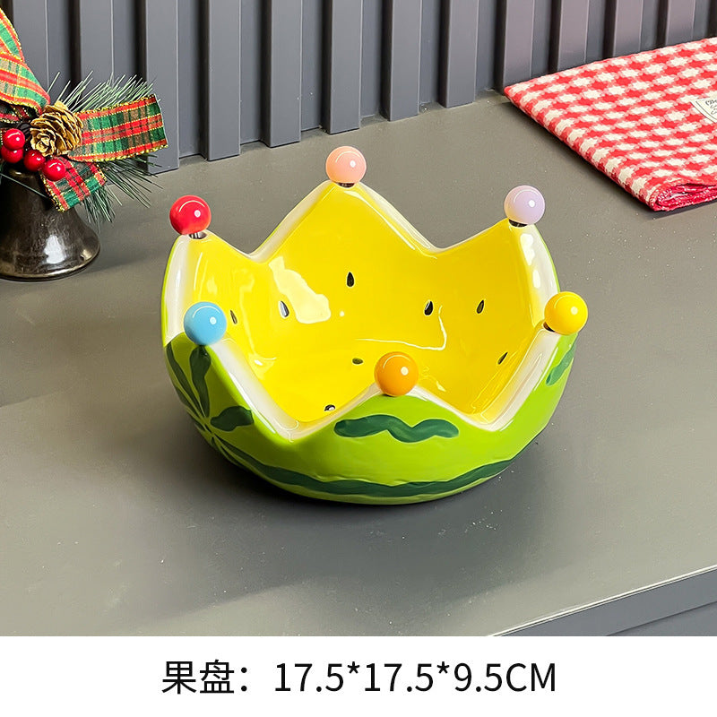High-style, creative watermelon fruit bowl with fork set – perfect for home, living room coffee table, fruit platter, salad bowl, ceramic bowl