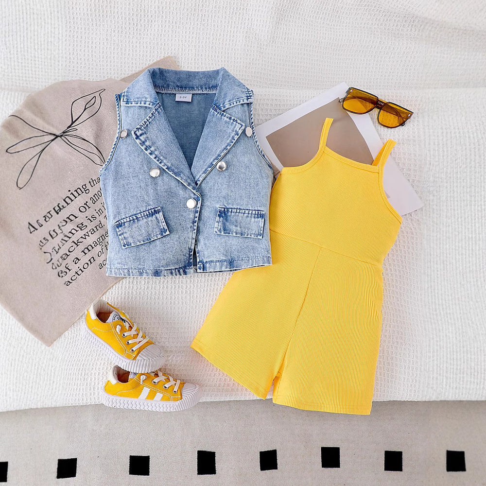 new arrivalsummergirl lapel denim vest matchingpure color suspender one-piece shortstwo-piece setsuit