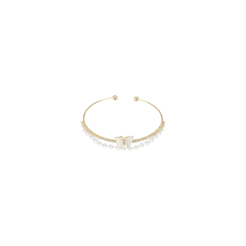 Open double-layer butterfly bangle with high-end pearl chain - women's autumn niche design jewelry, light luxury and unique bracelet