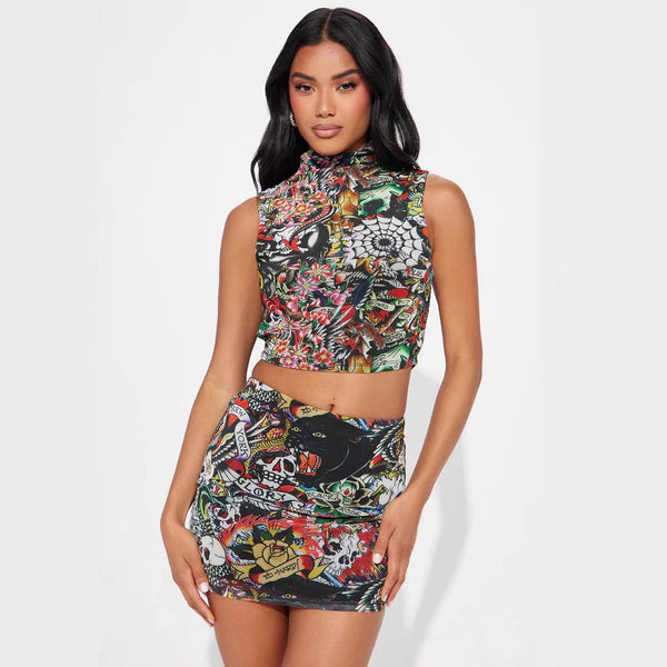 FC1335 European and American  sexy babes printed medium neck vest hip skirt set