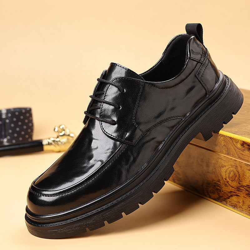 Genuine leather men's business casual dress shoes - thick sole black oxfords for work, meetings, and weddings - lace-up leather shoes