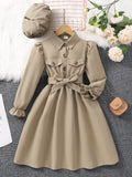 new girls' long-sleeve collared solid color dress with belt and hat