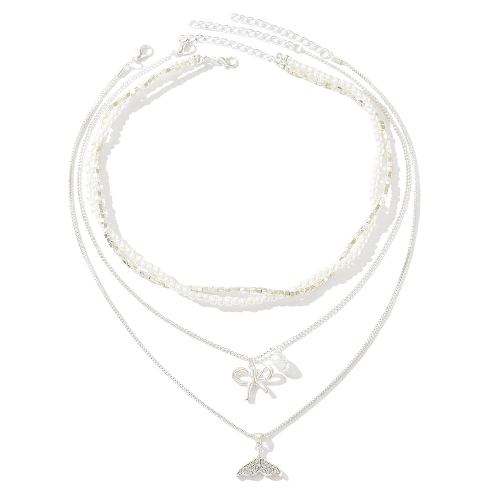 Wholesale diamond-studded mermaid tail bow pendant necklace - european & american cross-border, light luxury, high-end style - women's layering necklace with faux pearl accents
