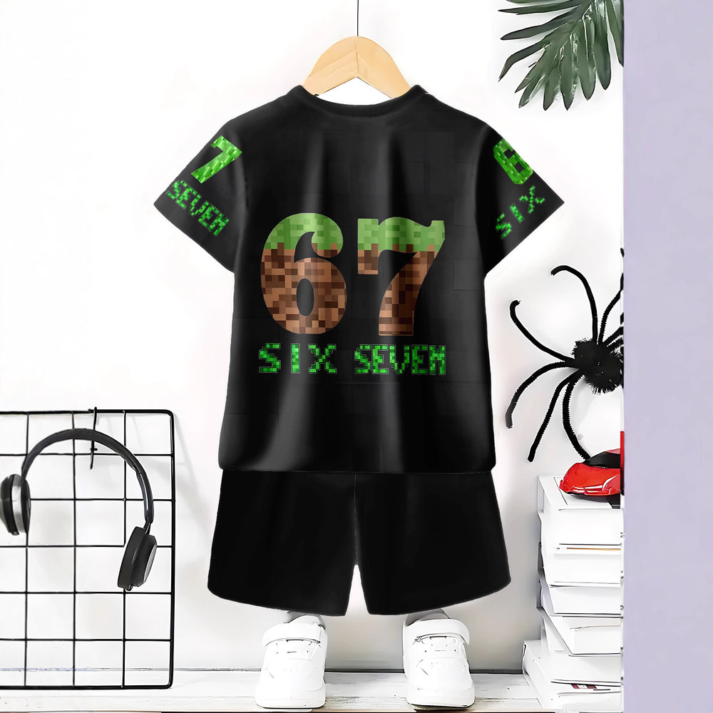 "stylish digital 67 print," perfect for summer wear, boys' outdoor sports t-shirt set