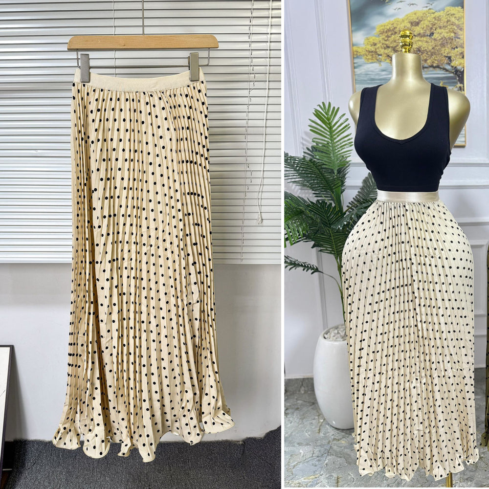 Classic fashion pleated polka dot midi skirt - french sweet style, versatile high-waisted a-line skirt