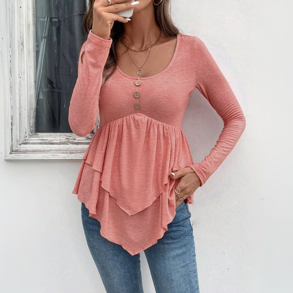 European and American women's clothing simple casual T-shirt 2024 autumn and winter new thin fashion versatile top