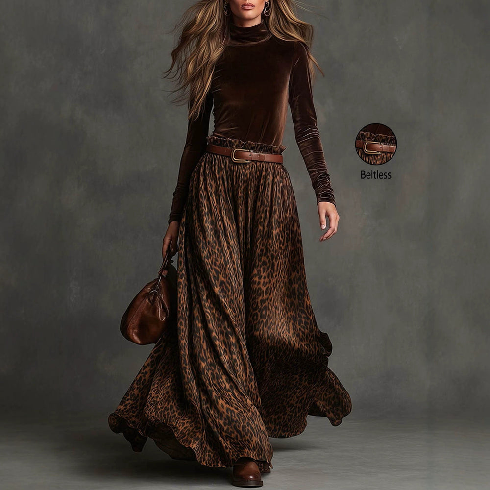 European and american retro style women's two-piece set: brown velvet base layer top with leopard print flowy maxi skirt