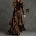 European and american retro style women's two-piece set: brown velvet base layer top with leopard print flowy maxi skirt