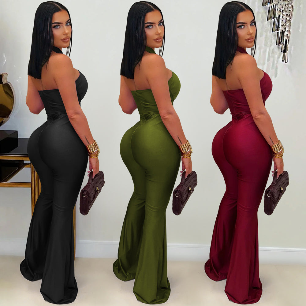 C7570 cross-border    new arrival women's pure colorelegant halter neck wide leg arm bag jumpsuit