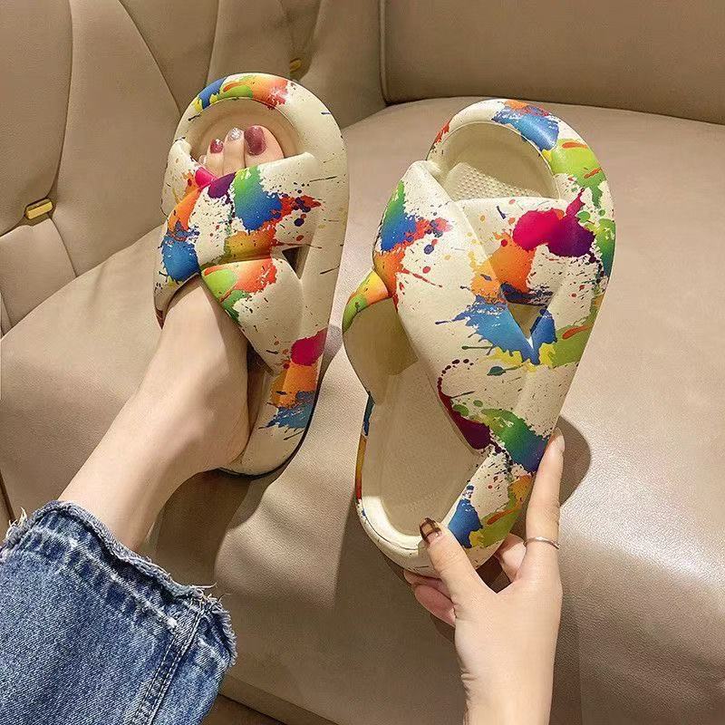 Women's slippers - 2025 summer new arrivals: trendy graffiti design, thick sole, outdoor/indoor wear, crossover sandals
