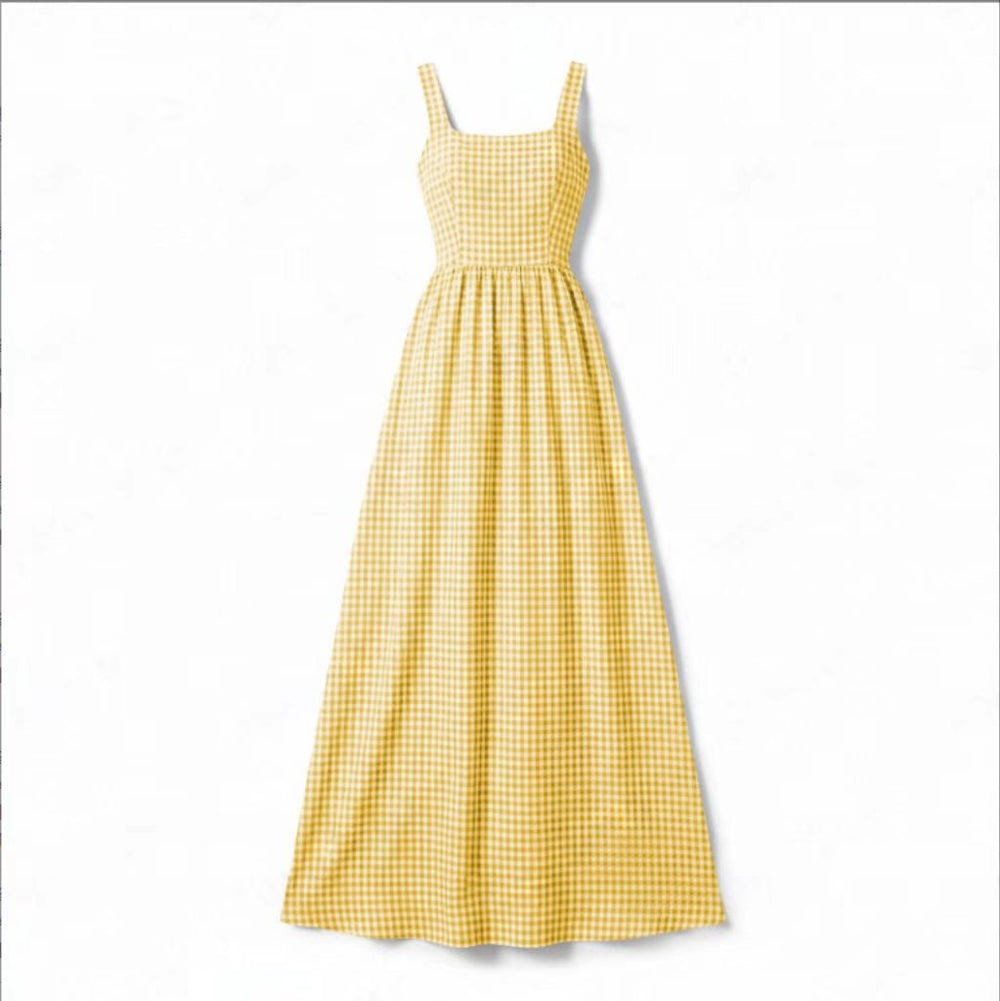 cross-border summer women's plaid square neck a-line casual beach vacation long sundress