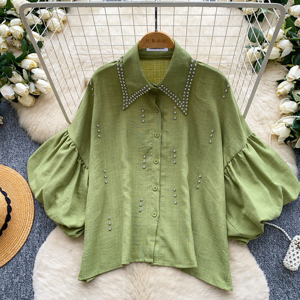 French-style heavy beaded lapel diamond-embellished shirt for women - summer lantern sleeve cardigan, loose fit, versatile, high-end top