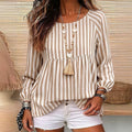 european and american striped babydoll top - round neck, raglan sleeves, lantern long sleeves, loose fit, ruffled hem - women's pullover - export quality