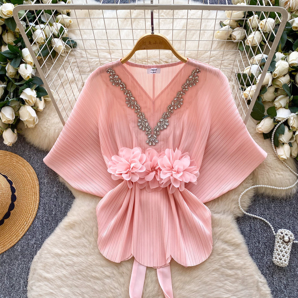 Gentle and lazy style v neckcasual short-sleeved shirt for women  spring strap waist stereo flower decoration tops