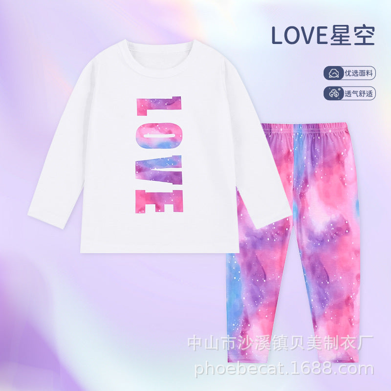 Flame-retardant kids home wear suitgirl youth air-conditioning autumn clothes and long trousers thin close-fitting source factory wholesale