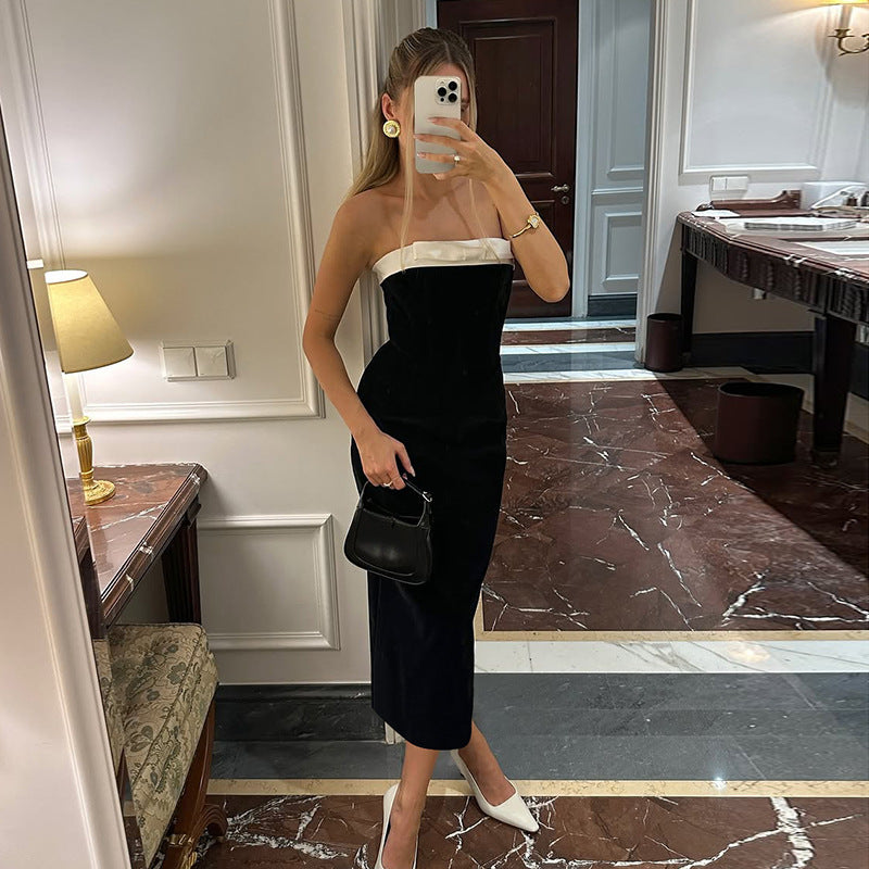 European and american cross-border women's fashion:  spring/summer new arrivals - chic black and white patchwork sexy bodycon bandeau dress