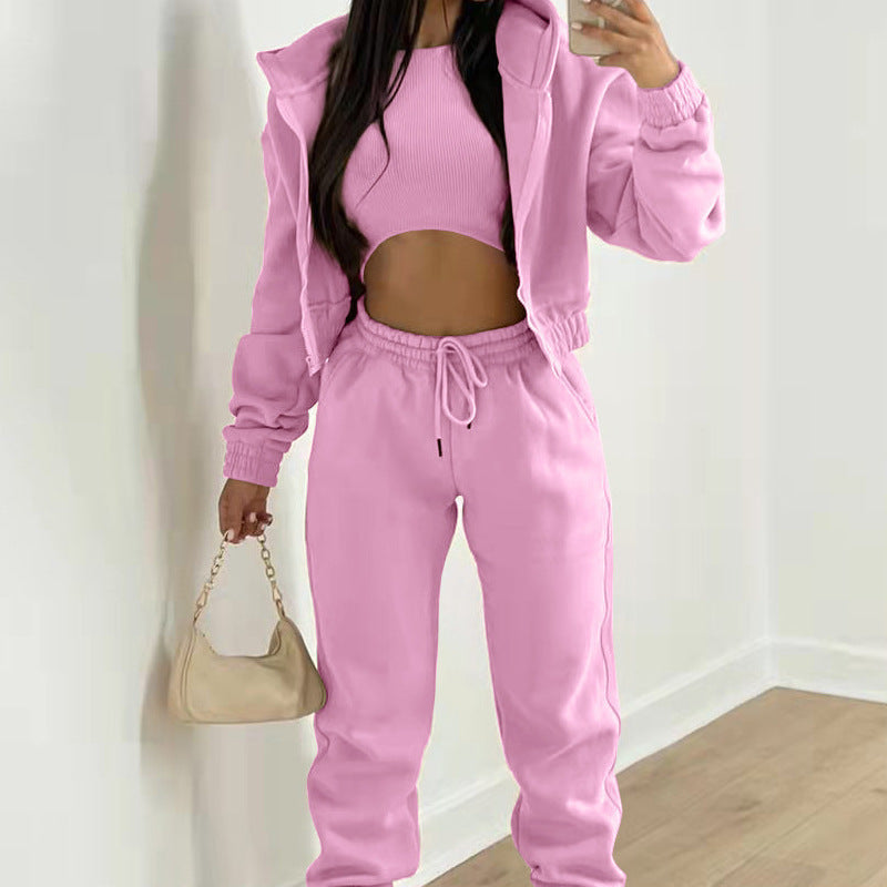 cross-border e-commerce european and american women's clothing: new summer collection - solid color casual activewear three-piece set (hoodie, sweatpants, and top)