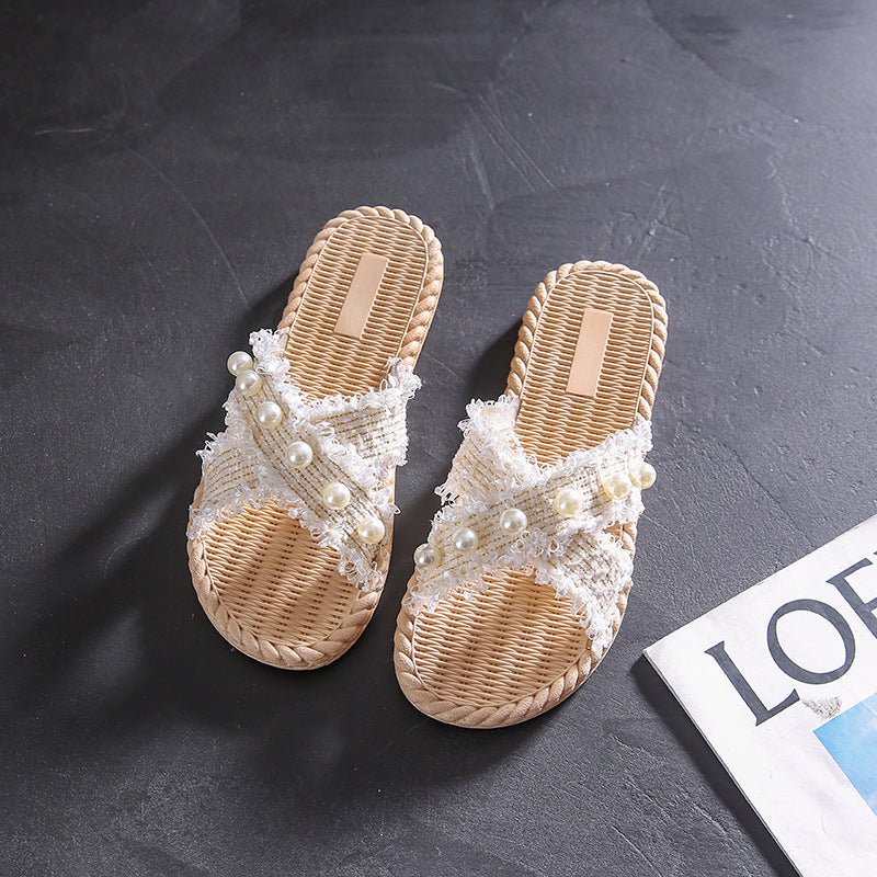Xiaoxiangfeng slippers for women outwearsummerbest sellingfashion pearl flats one-piece slippers for outdoor beach non-slip sandals