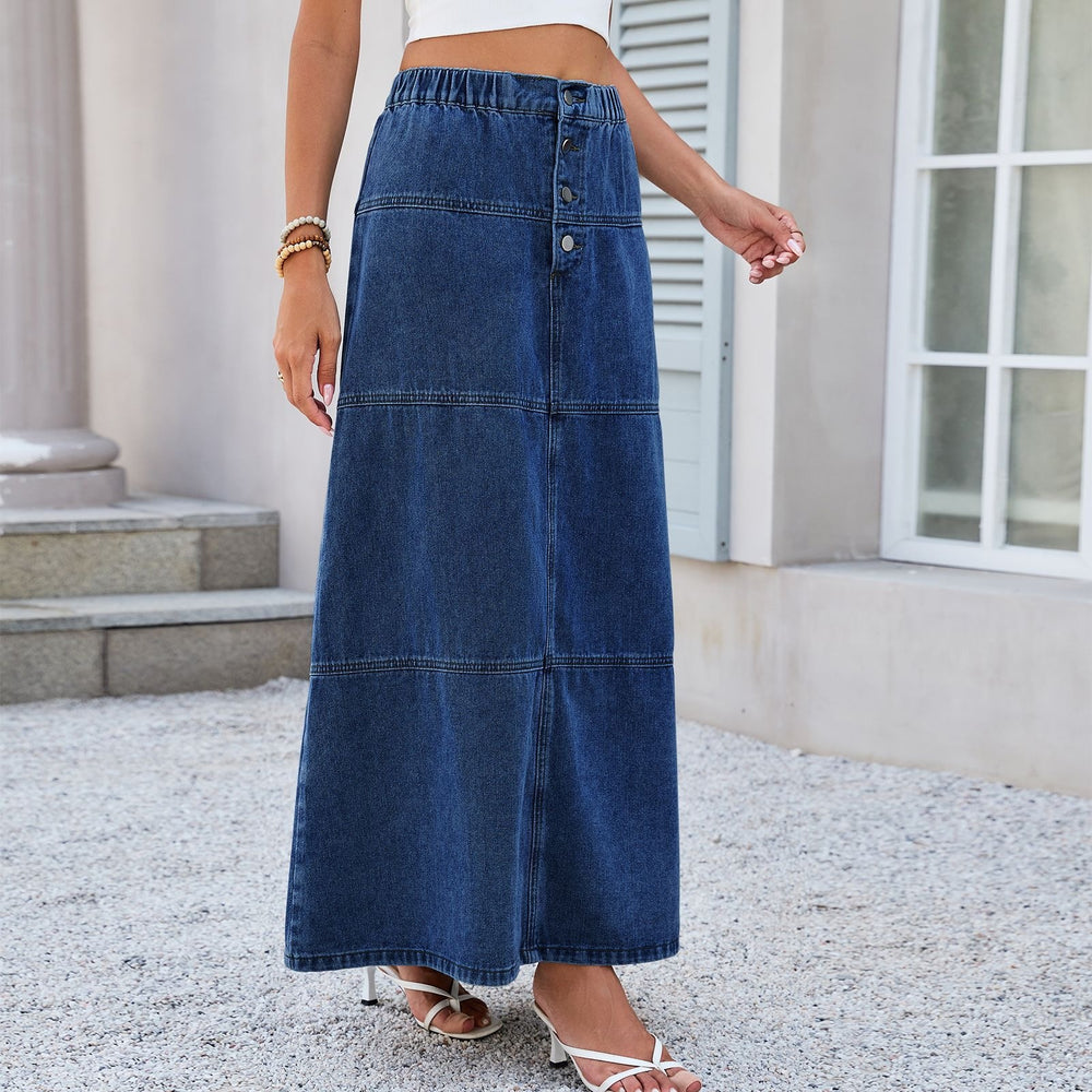 European and american cross-border e-commerce  new arrival elastic waist front button patchwork design versatile denim midi skirt for women