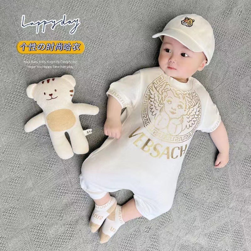Baby romper summer thin style boy's crawling suit short sleeve onesie summer outfit gold foil print outdoor jumpsuit