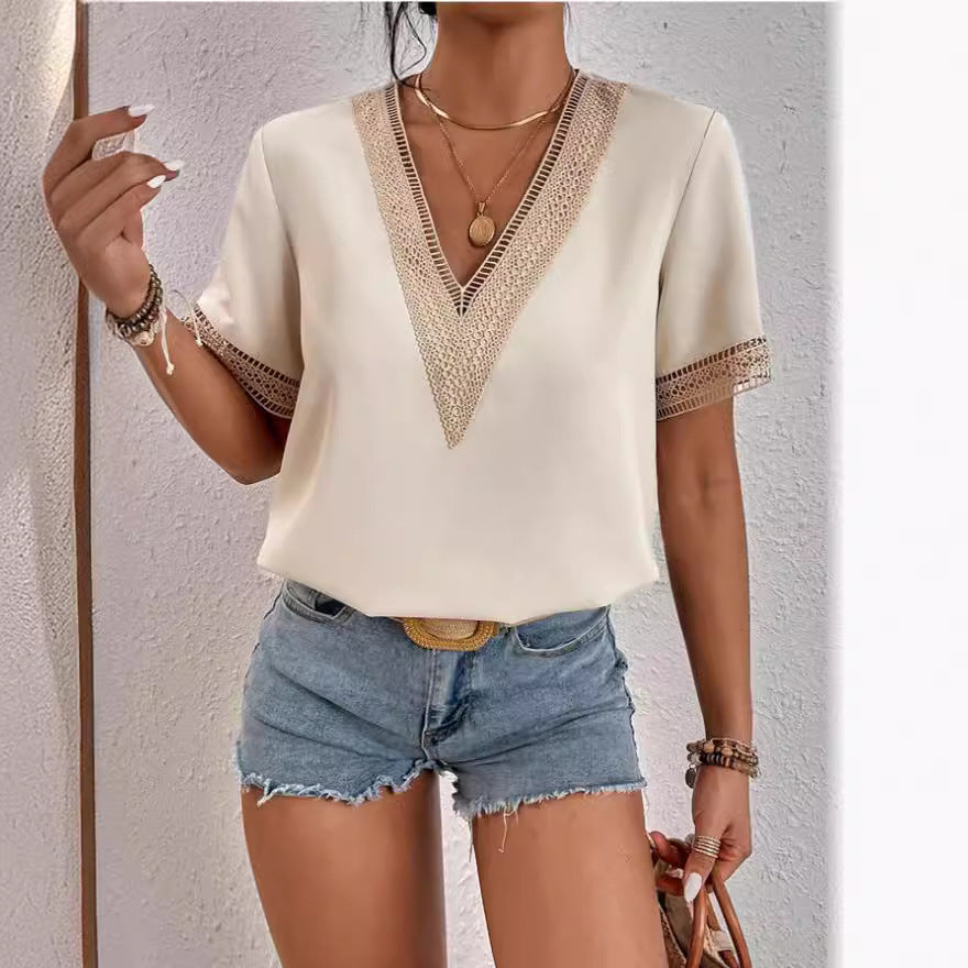 new european and american style satin lace trim v-neck solid color loose-fit top - elegant commute short-sleeve blouse