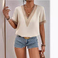 new european and american style satin lace trim v-neck solid color loose-fit top - elegant commute short-sleeve blouse
