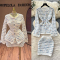 Xiaoxiangfengfashionablesuitfemaleautumclassycontrast color round neck waist long sleeves knitting shirt hip covering short skirt