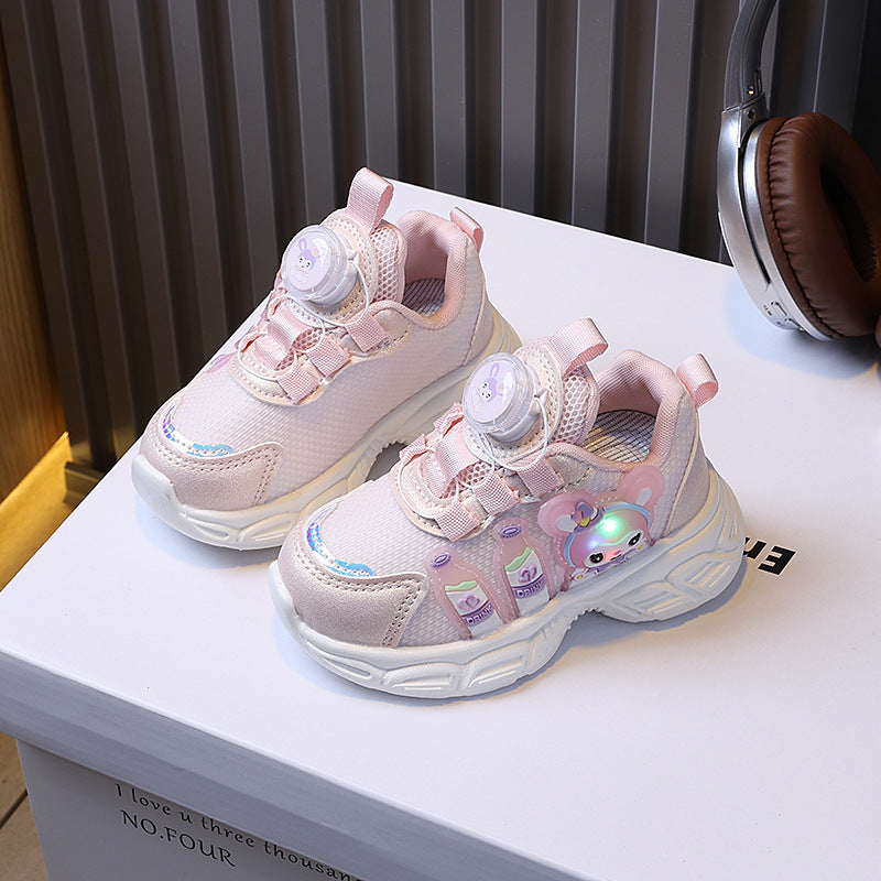 Girls' spring new collection: kids' chunky sneakers with swivel buckle, cartoon design, light-up detail, soft sole, and breathable running shoes