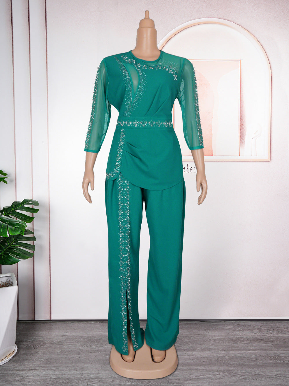 African plus size trendy new women's cross-border long sleeve top + pants two-piece set