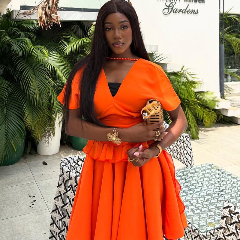 European and American  women's clothing 2025 summer new temperament V-neck ruffle edge short-sleeved top high-waisted skirt set