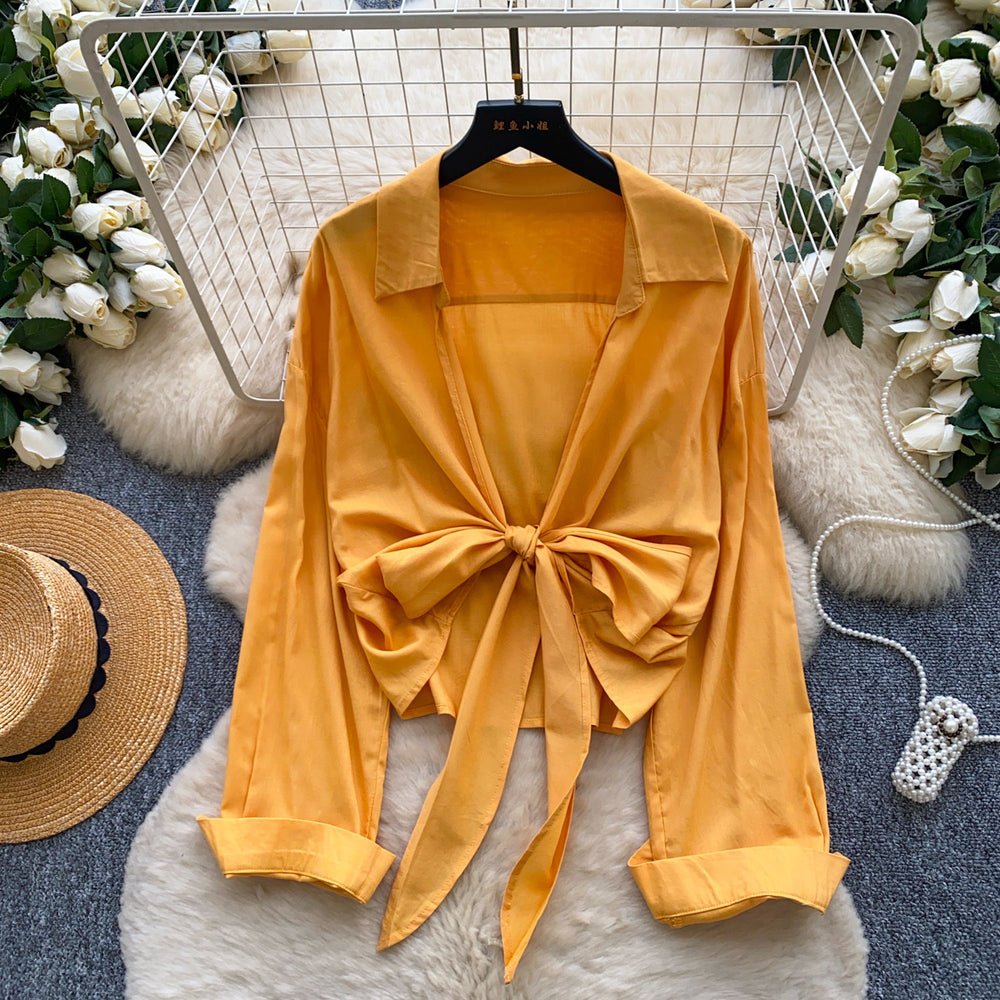 French work clothing style whiteelegantslimming looklong sleevesshirt women's summerloosebowscardigangirltops