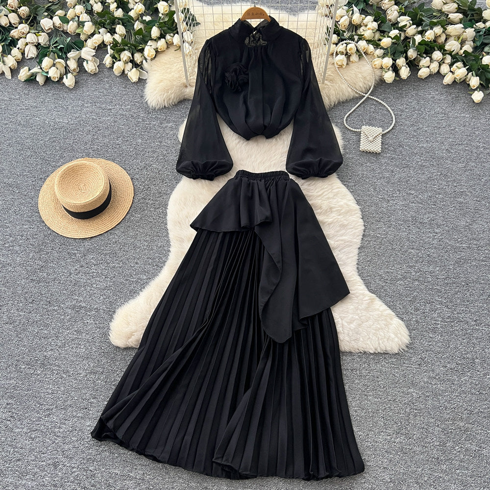 Light mature style red lantern sleeve stereo flower two-piece set women's spring waist pleated skirt classyelegantsuit