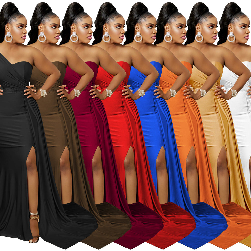 X5819 european and american new arrival   fashion solid color party bodycon one-shoulder sleeve maxi dress for women