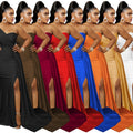 X5819 european and american new arrival   fashion solid color party bodycon one-shoulder sleeve maxi dress for women