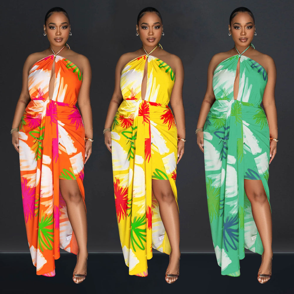 C6921 cross-border   independent station fashionfashion women's backless tie back printing dress length