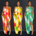 C6921 cross-border   independent station fashionfashion women's backless tie back printing dress length