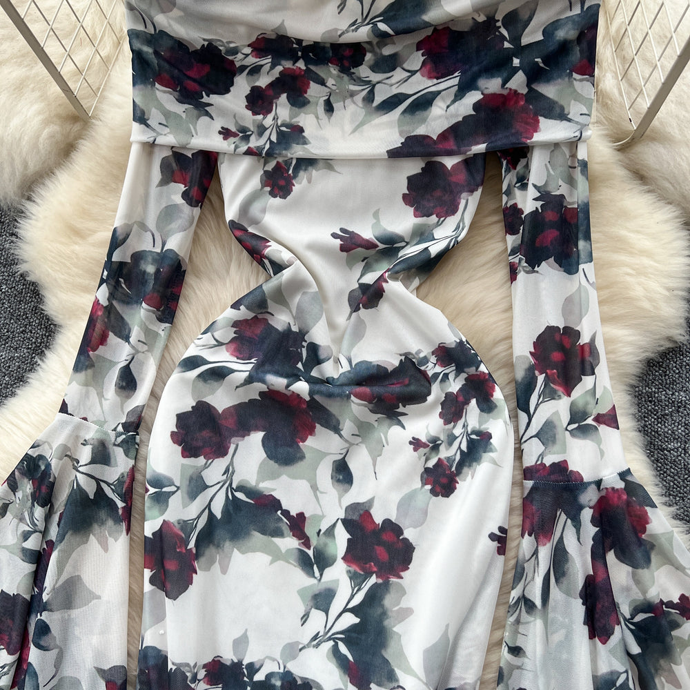 Goddess-style niche styleclassy one-shoulder lapel bell sleeves waist slimming lookelegantprintingrufflesdress