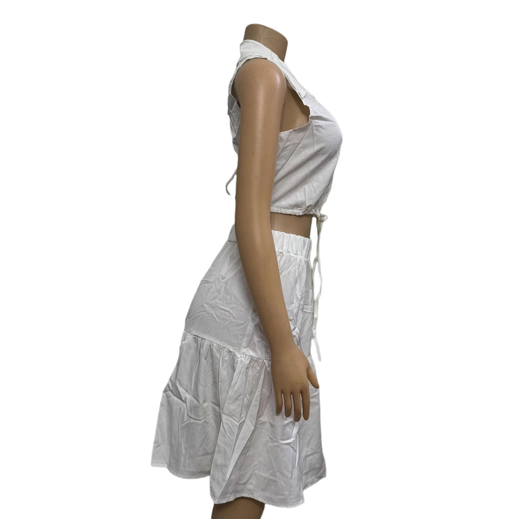 European and American new two-piece set, lapel sleeveless cardigan, open button lace-up top, A-word short skirt set
