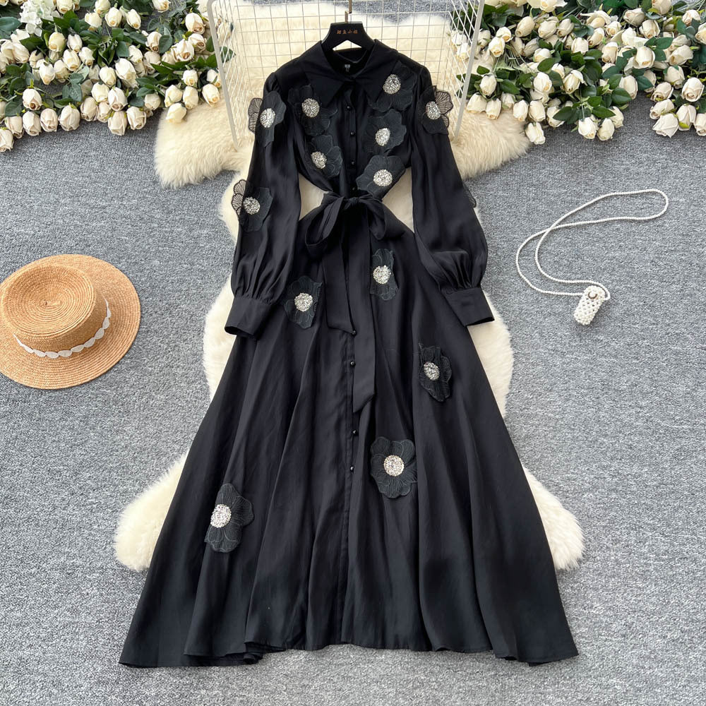 Frenchclassyheavy industry beadingstereoflowerslong sleevesdress women's autumn strap waist slimming look single breasted long skirt