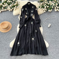 Frenchclassyheavy industry beadingstereoflowerslong sleevesdress women's autumn strap waist slimming look single breasted long skirt
