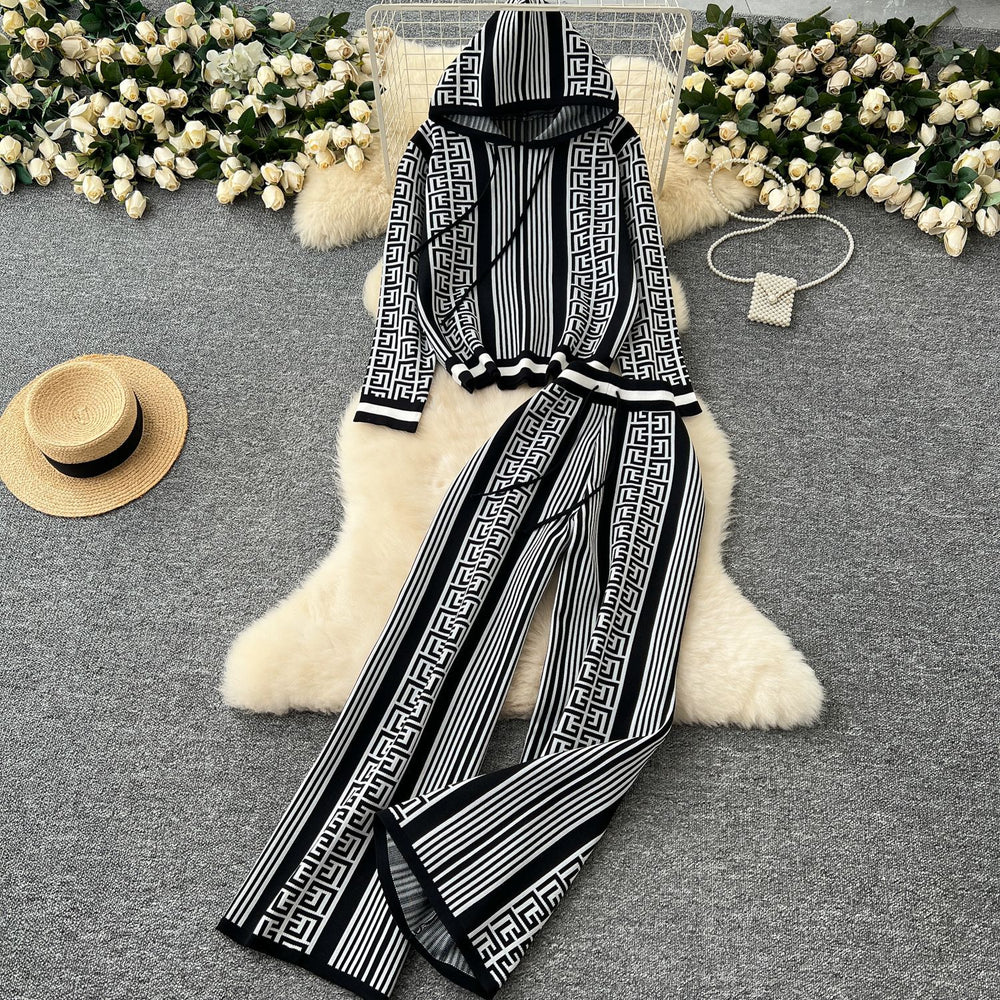 Women's fall/winter sweater and pants set - european & american style, niche design, casual & versatile, long sleeve hooded printed knit top & outerwear