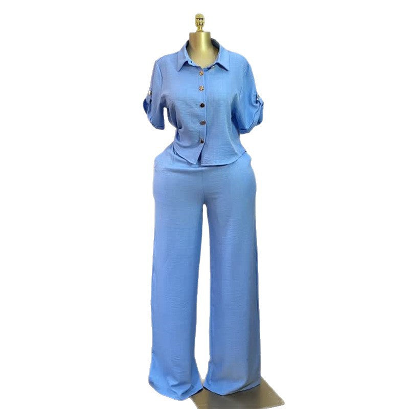 European and american women's clothing  autumn new collection: sweet and fresh turn-down collar short-sleeve shirt and high-waisted straight-leg pants two-piece set